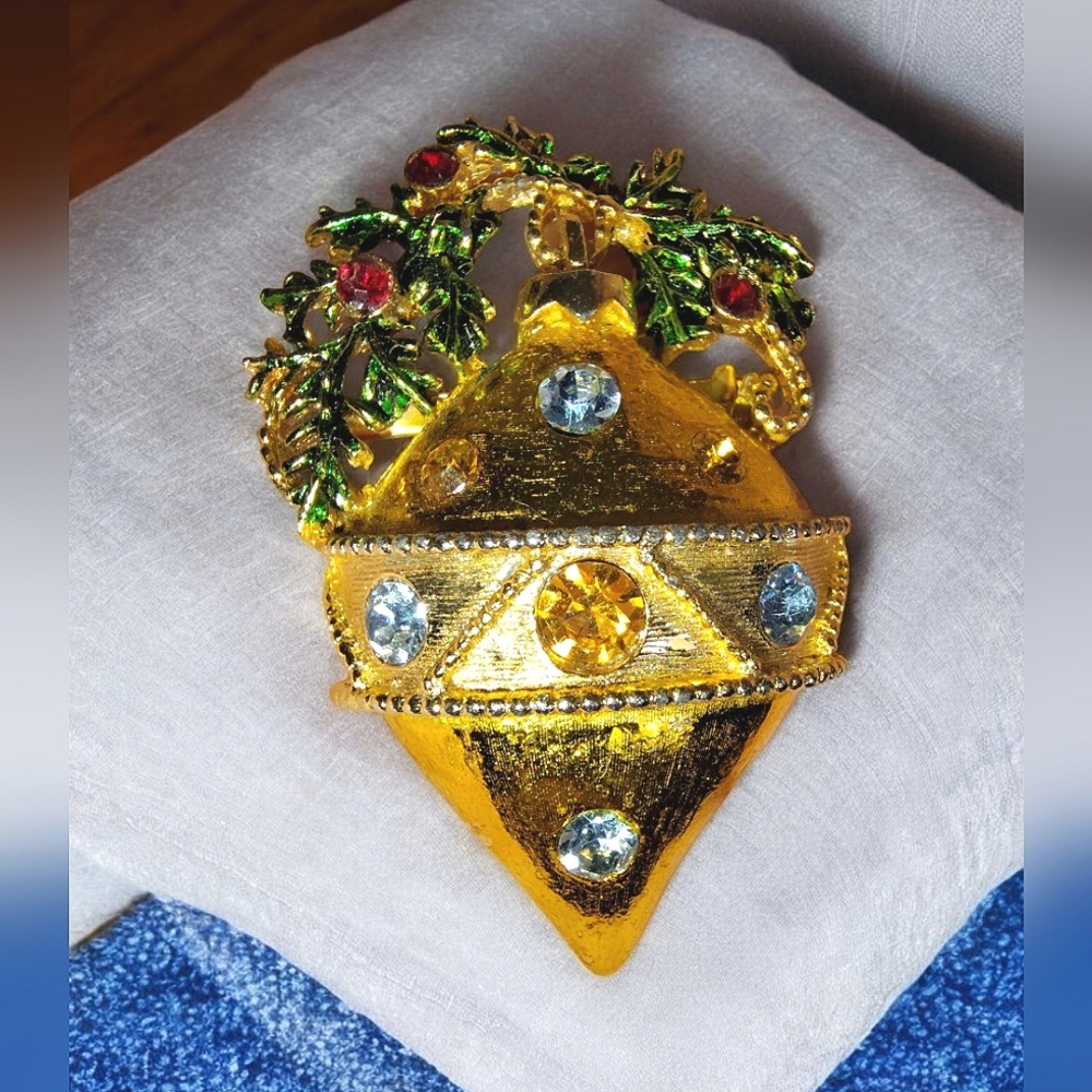 Vintage Gold Tone Multicolored Rhinestone Ornament Brooch Unsigned